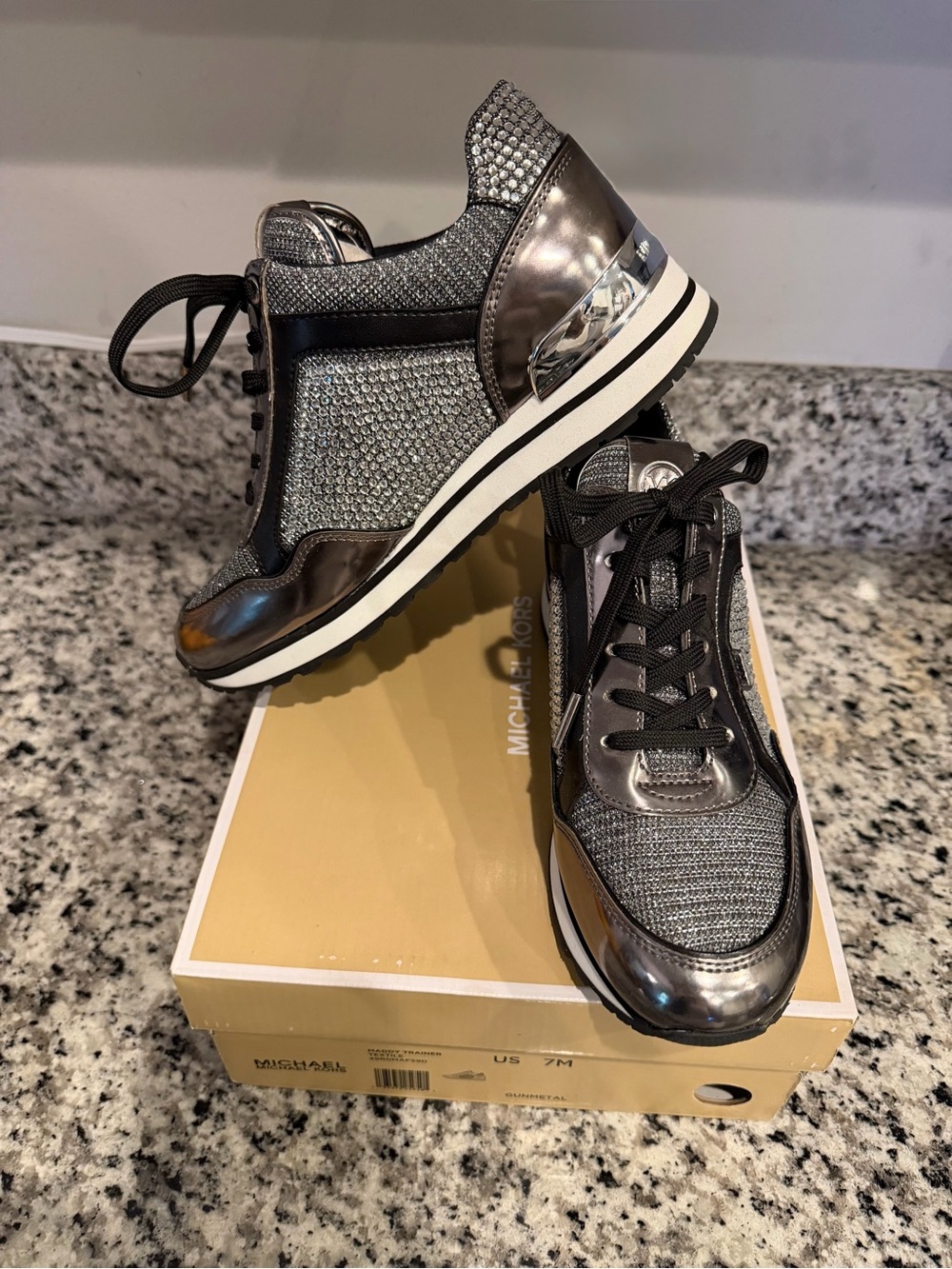 Michael Kors Silver Metallic Glitter Wedge Sneakers New In Box